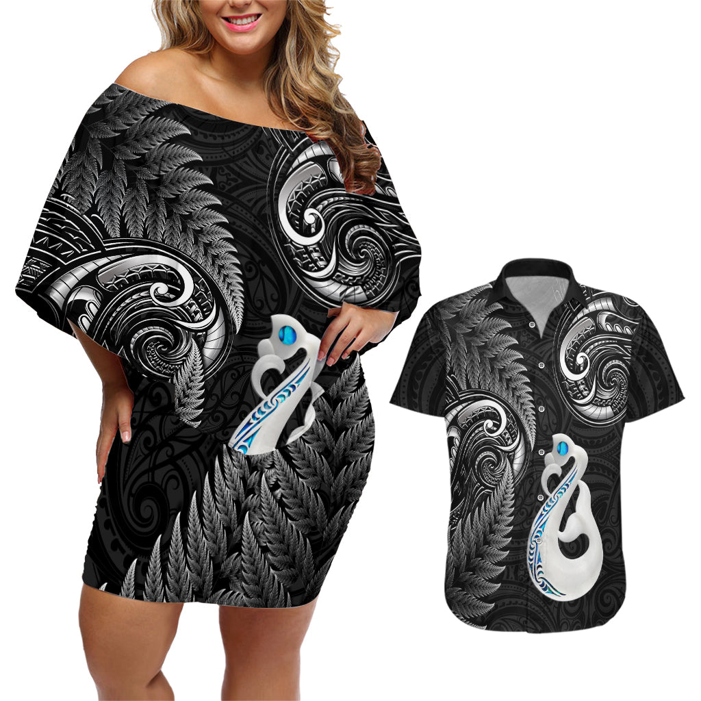 Personalised New Zealand Couples Off The Shoulder Long Sleeve Dress and Hawaiian Shirt Aotearoa Silver Fern With Manaia Maori Unique Black LT14 Black - Polynesian Pride