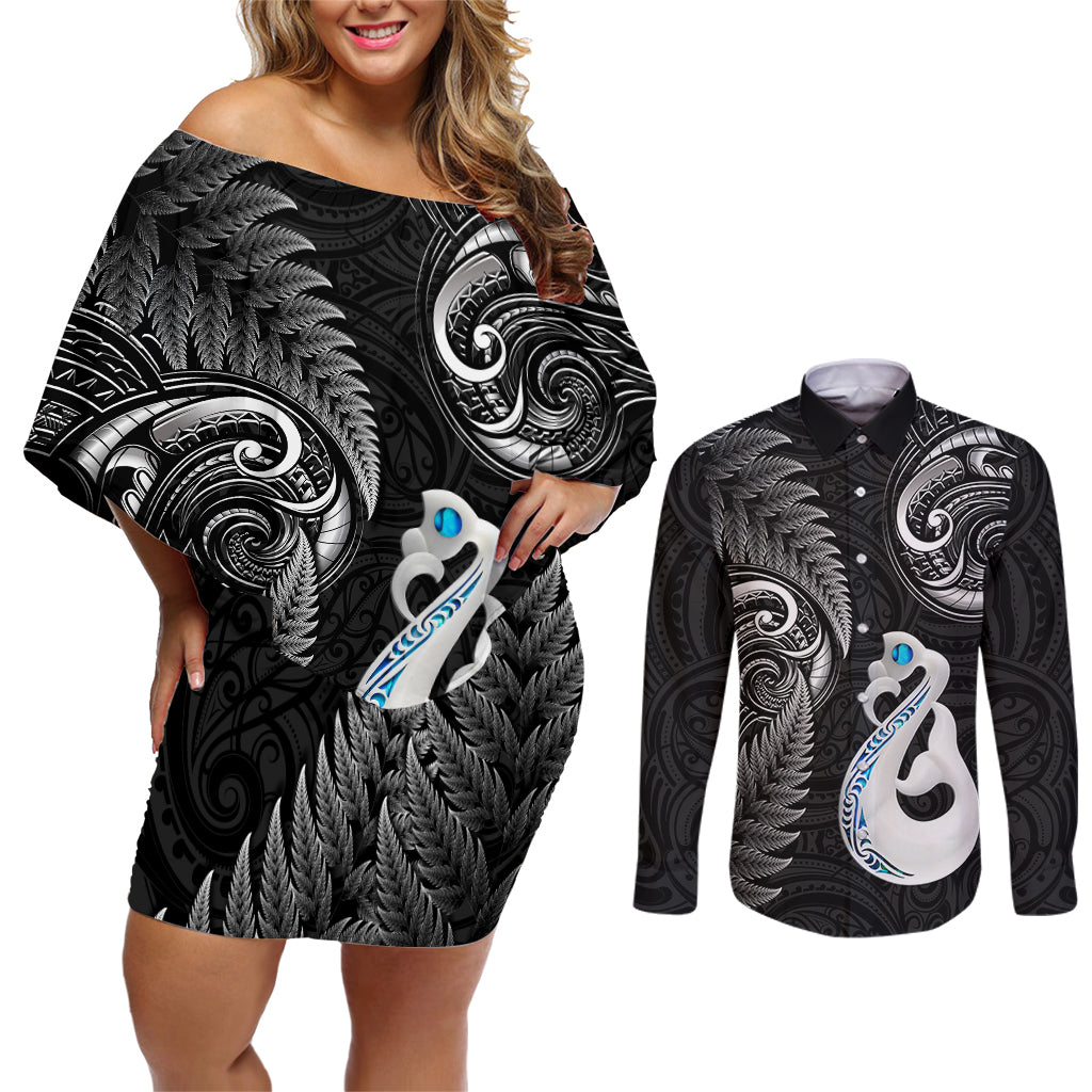 Personalised New Zealand Couples Off Shoulder Short Dress and Long Sleeve Button Shirts Aotearoa Silver Fern With Manaia Maori Unique Black LT14 Black - Polynesian Pride