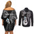 Personalised New Zealand Couples Off Shoulder Short Dress and Long Sleeve Button Shirts Aotearoa Silver Fern With Manaia Maori Unique Black LT14 - Polynesian Pride