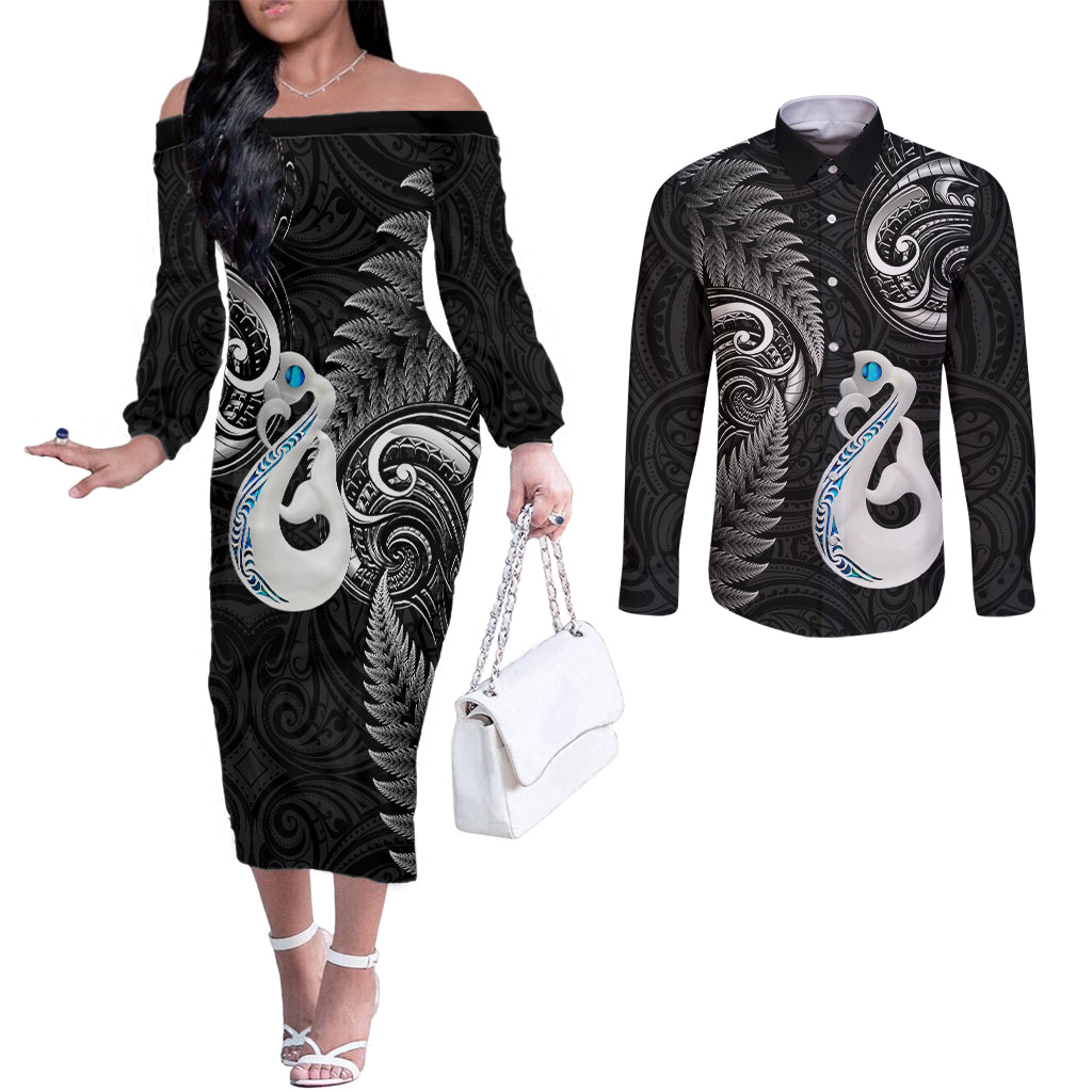 Personalised New Zealand Couples Off The Shoulder Long Sleeve Dress and Long Sleeve Button Shirts Aotearoa Silver Fern With Manaia Maori Unique Black LT14 Black - Polynesian Pride