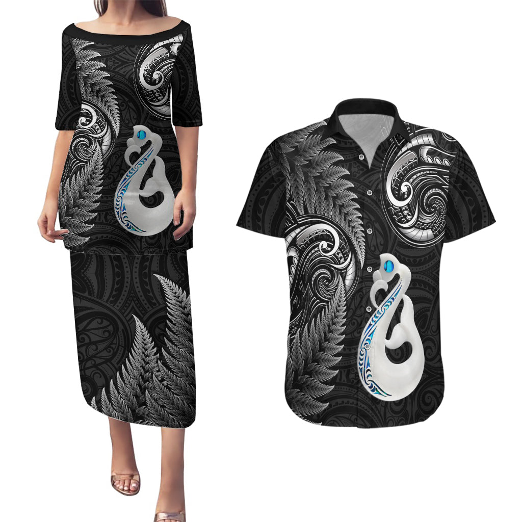 Personalised New Zealand Couples Puletasi Dress and Hawaiian Shirt Aotearoa Silver Fern With Manaia Maori Unique Black LT14 Black - Polynesian Pride