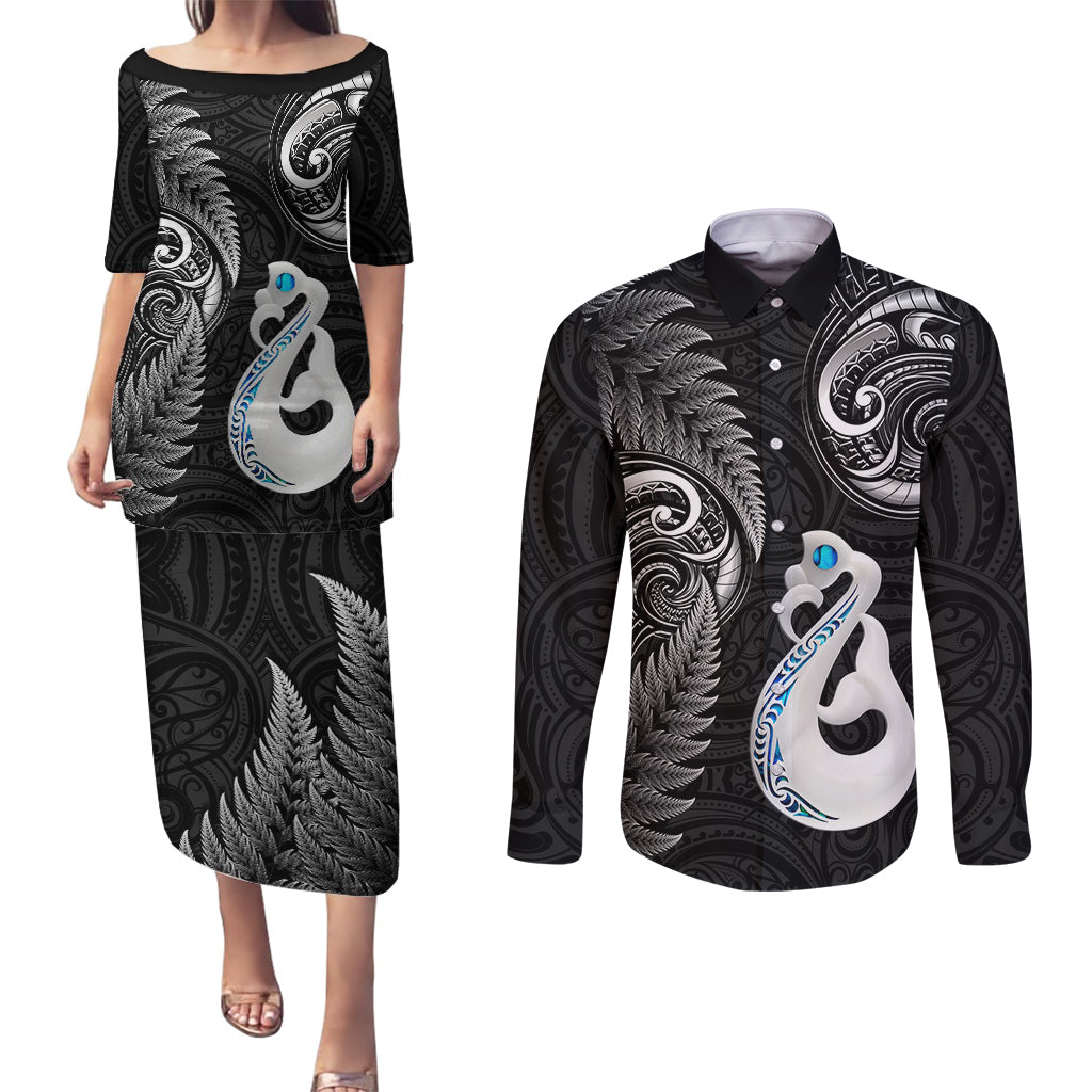 Personalised New Zealand Couples Puletasi Dress and Long Sleeve Button Shirts Aotearoa Silver Fern With Manaia Maori Unique Black LT14 Black - Polynesian Pride