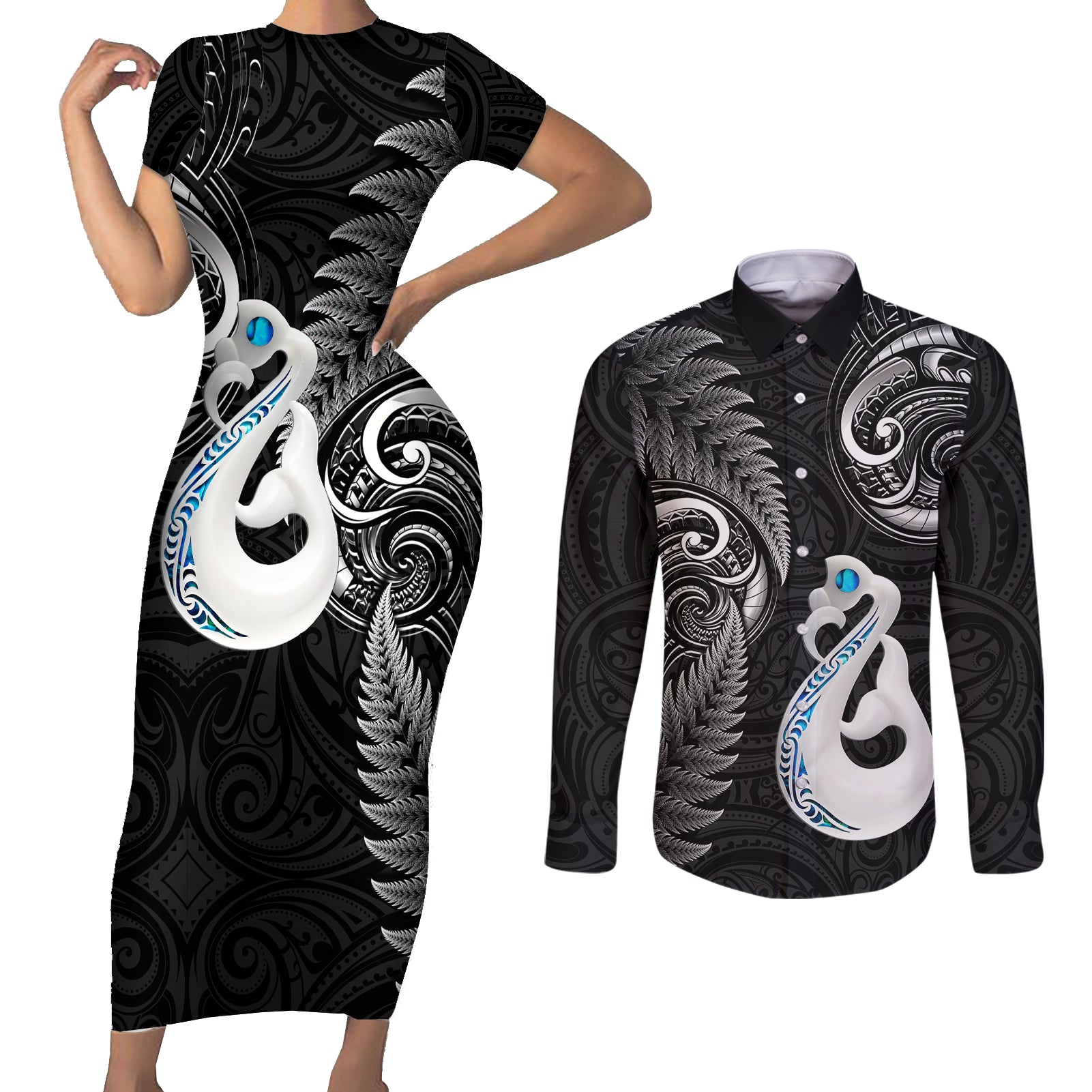 Personalised New Zealand Couples Short Sleeve Bodycon Dress and Long Sleeve Button Shirts Aotearoa Silver Fern With Manaia Maori Unique Black LT14 Black - Polynesian Pride