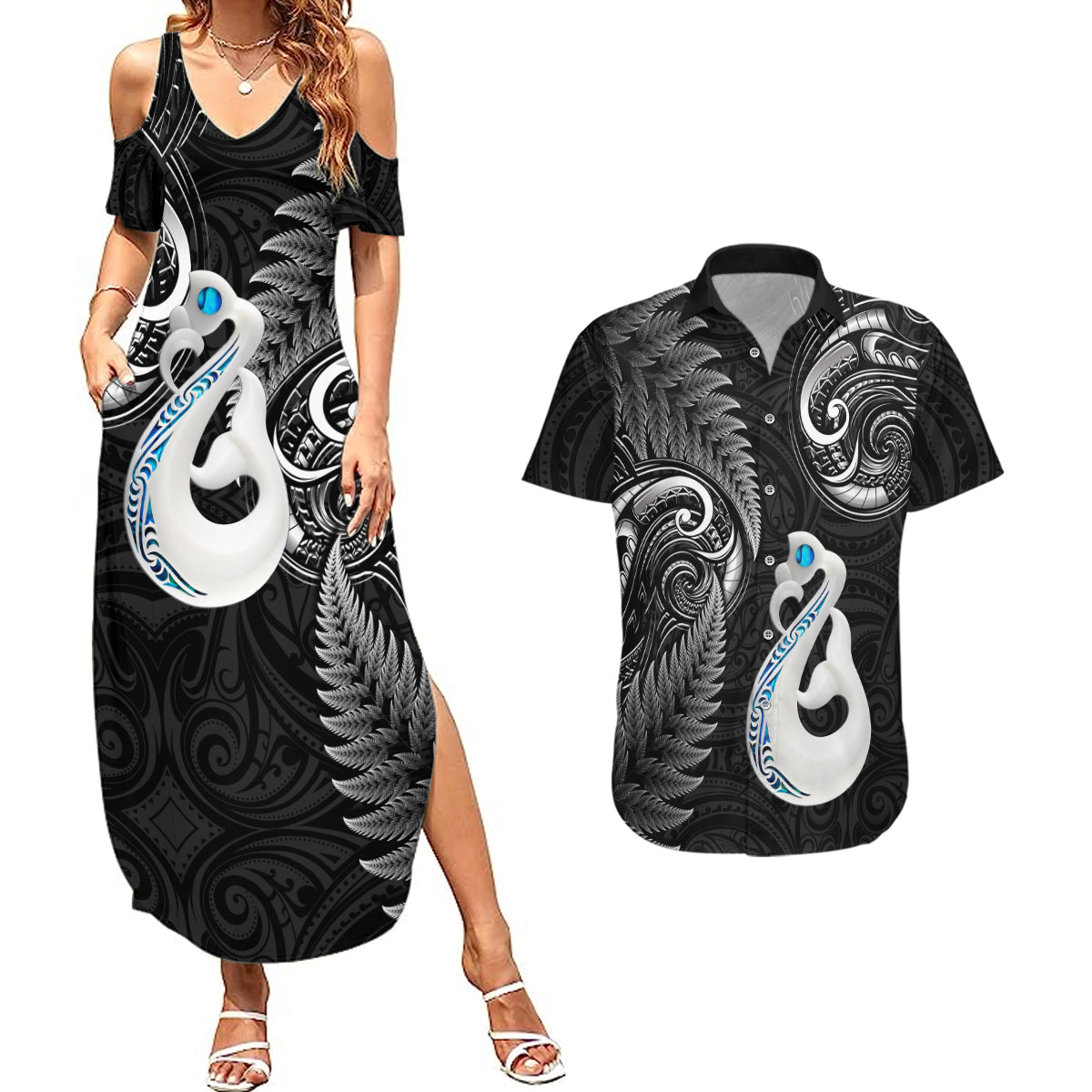 Personalised New Zealand Couples Summer Maxi Dress and Hawaiian Shirt Aotearoa Silver Fern With Manaia Maori Unique Black LT14 Black - Polynesian Pride