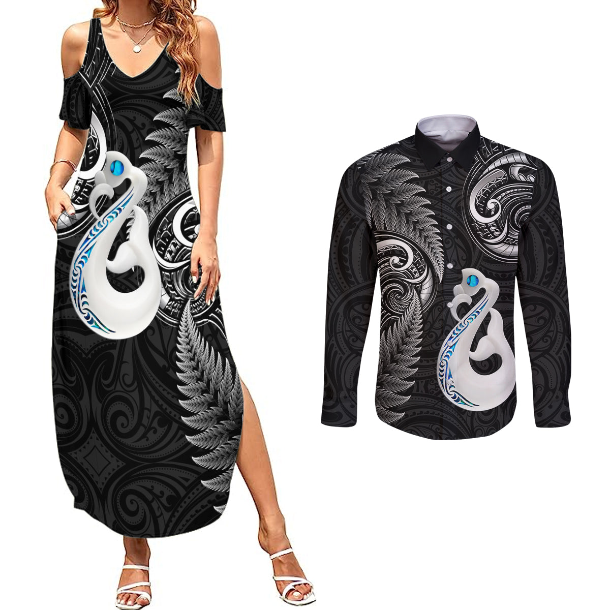 Personalised New Zealand Couples Summer Maxi Dress and Long Sleeve Button Shirts Aotearoa Silver Fern With Manaia Maori Unique Black LT14 Black - Polynesian Pride