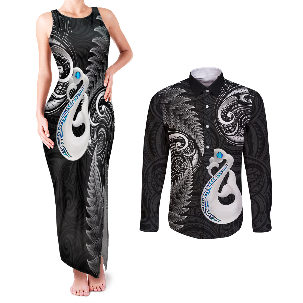 Personalised New Zealand Couples Matching Tank Maxi Dress and Long Sleeve Button Shirts Aotearoa Silver Fern With Manaia Maori Unique Black LT14 Black - Polynesian Pride