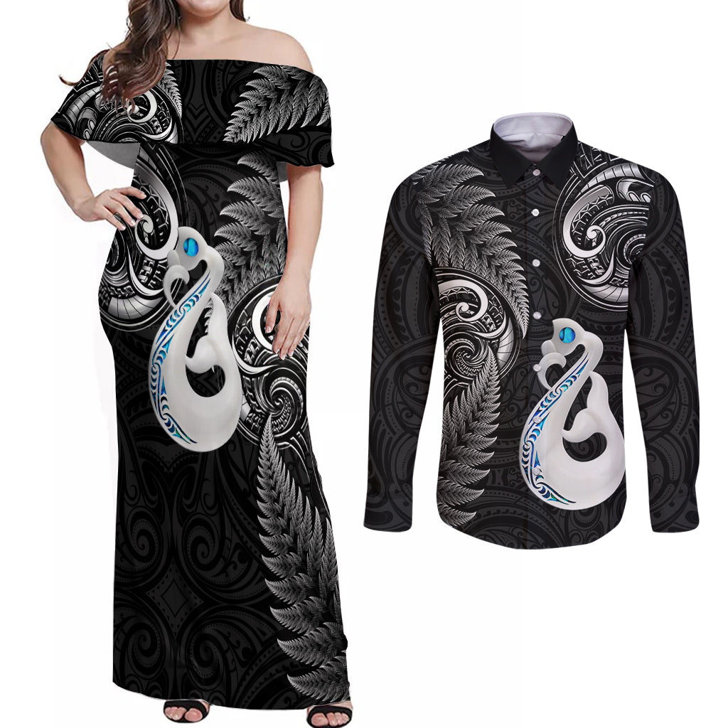 Personalised New Zealand Couples Off Shoulder Maxi Dress and Long Sleeve Button Shirts Aotearoa Silver Fern With Manaia Maori Unique Black LT14 Black - Polynesian Pride