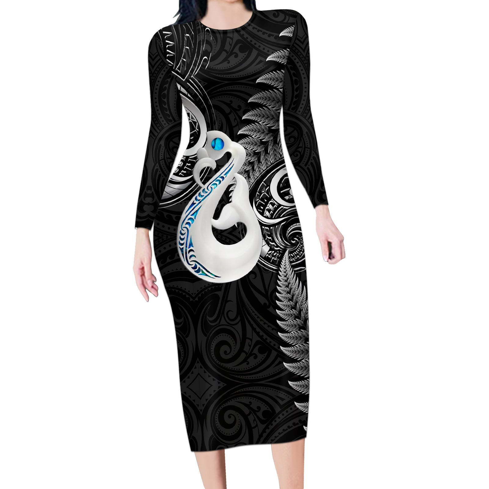 Personalised New Zealand Long Sleeve Bodycon Dress Aotearoa Silver Fern With Manaia Maori Unique Black LT14 Long Dress Black - Polynesian Pride