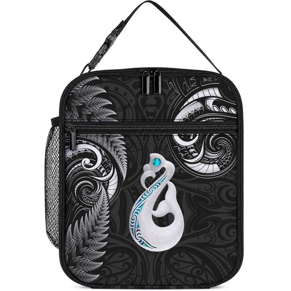 New Zealand Lunch Bag Aotearoa Silver Fern With Manaia Maori Unique Black LT14 10.2 × 8.3 × 4.3 inch Black - Polynesian Pride