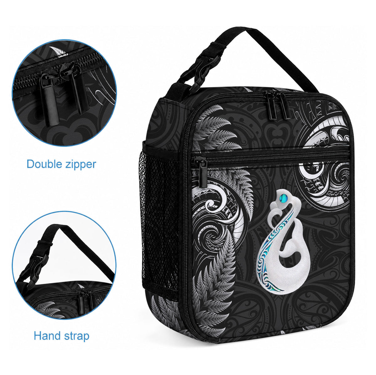 New Zealand Lunch Bag Aotearoa Silver Fern With Manaia Maori Unique Black LT14 - Polynesian Pride