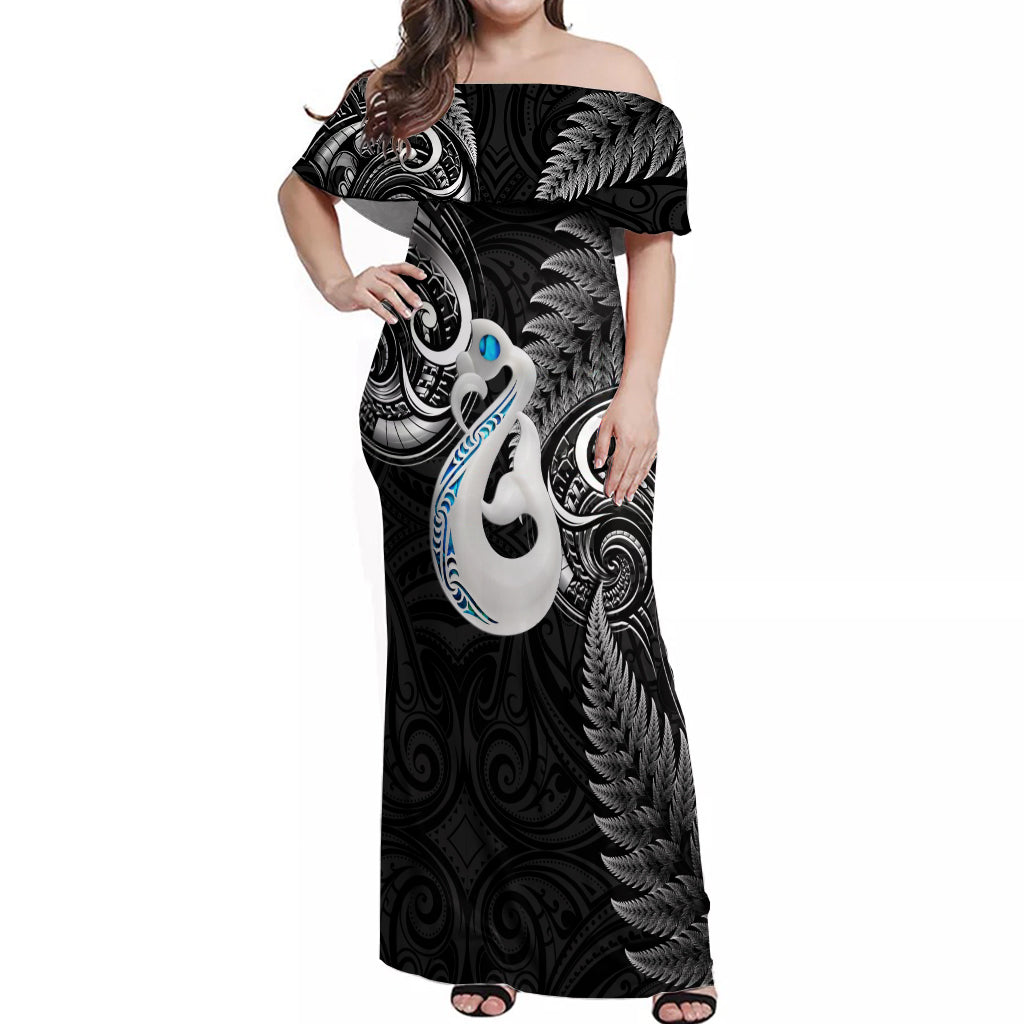 Personalised New Zealand Off Shoulder Maxi Dress Aotearoa Silver Fern With Manaia Maori Unique Black LT14 Women Black - Polynesian Pride