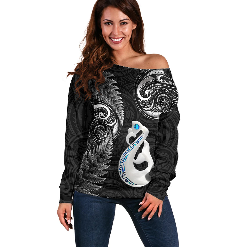 Personalised New Zealand Off Shoulder Sweater Aotearoa Silver Fern With Manaia Maori Unique Black LT14 Women Black - Polynesian Pride