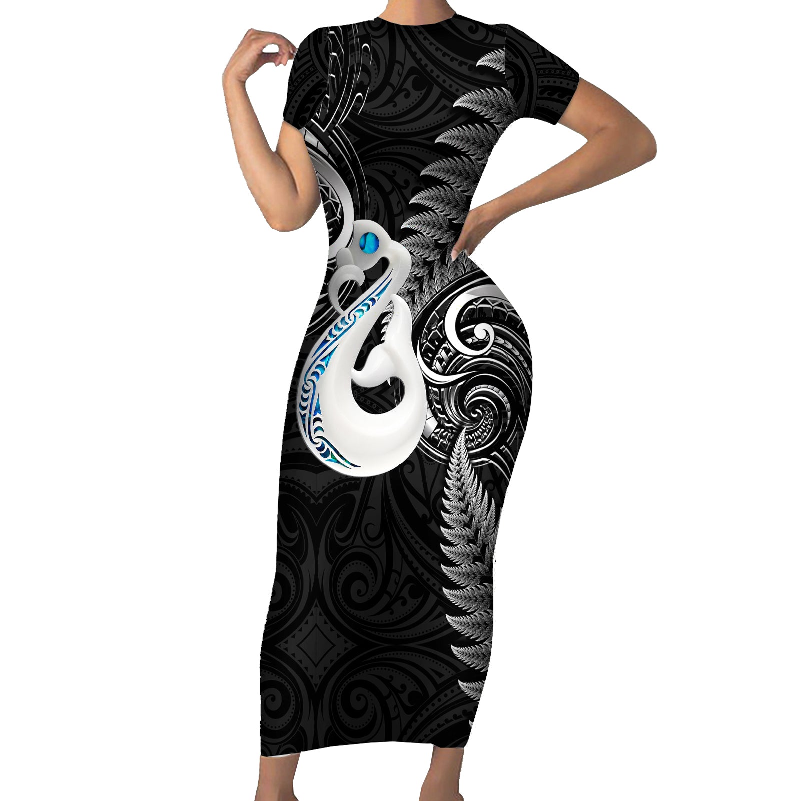 Personalised New Zealand Short Sleeve Bodycon Dress Aotearoa Silver Fern With Manaia Maori Unique Black LT14 Long Dress Black - Polynesian Pride