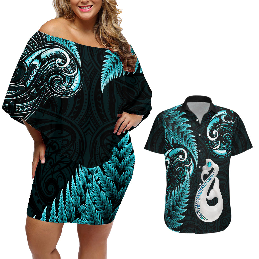 Personalised New Zealand Couples Off Shoulder Short Dress and Hawaiian Shirt Aotearoa Silver Fern With Manaia Maori Unique Turquoise LT14 Turquoise - Polynesian Pride