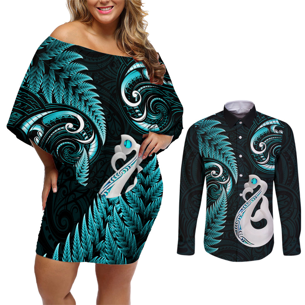 Personalised New Zealand Couples Off Shoulder Short Dress and Long Sleeve Button Shirts Aotearoa Silver Fern With Manaia Maori Unique Turquoise LT14 Turquoise - Polynesian Pride