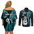 Personalised New Zealand Couples Off Shoulder Short Dress and Long Sleeve Button Shirts Aotearoa Silver Fern With Manaia Maori Unique Turquoise LT14 - Polynesian Pride