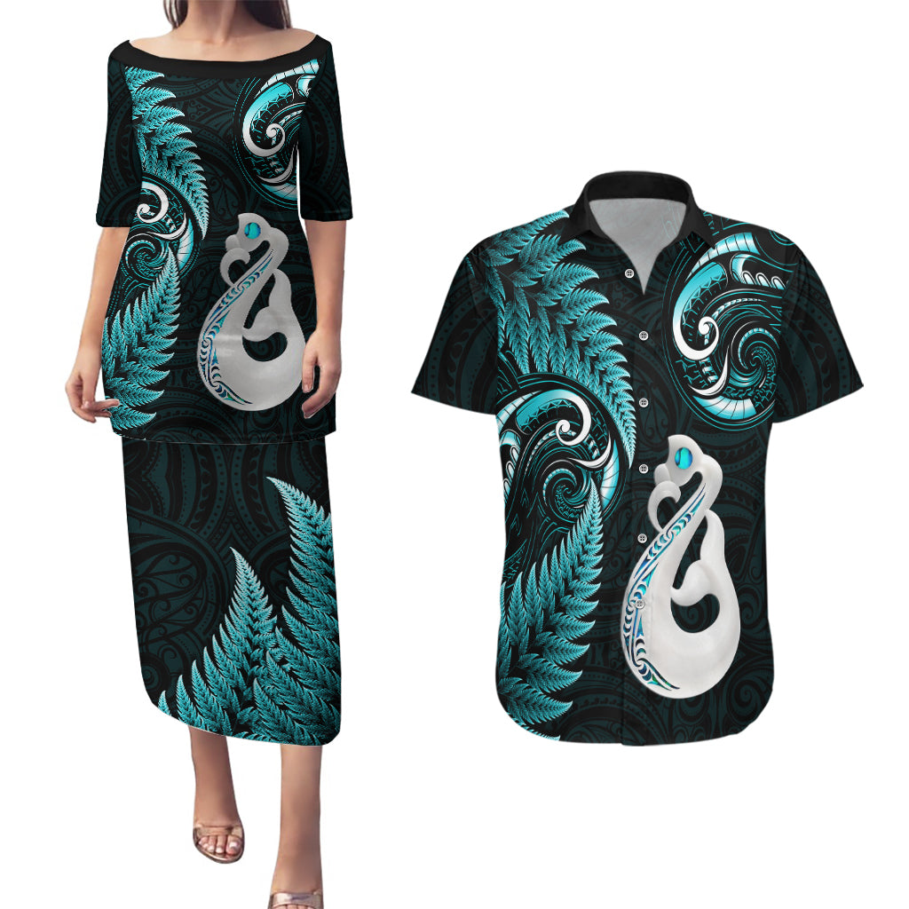 Personalised New Zealand Couples Puletasi Dress and Hawaiian Shirt Aotearoa Silver Fern With Manaia Maori Unique Turquoise LT14 Turquoise - Polynesian Pride