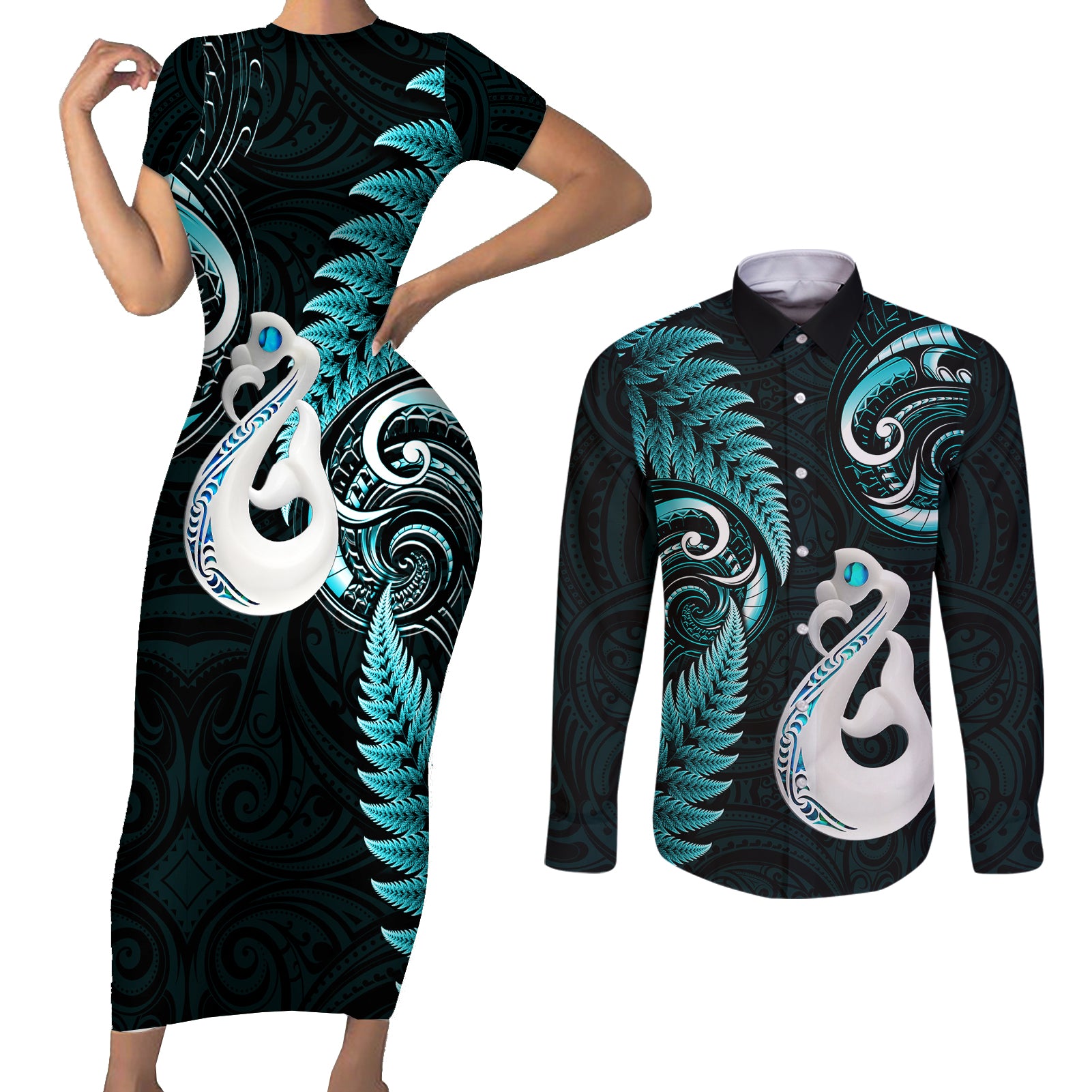 Personalised New Zealand Couples Short Sleeve Bodycon Dress and Long Sleeve Button Shirts Aotearoa Silver Fern With Manaia Maori Unique Turquoise LT14 Turquoise - Polynesian Pride