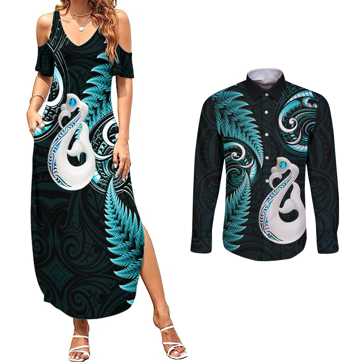 Personalised New Zealand Couples Summer Maxi Dress and Long Sleeve Button Shirts Aotearoa Silver Fern With Manaia Maori Unique Turquoise LT14 Turquoise - Polynesian Pride