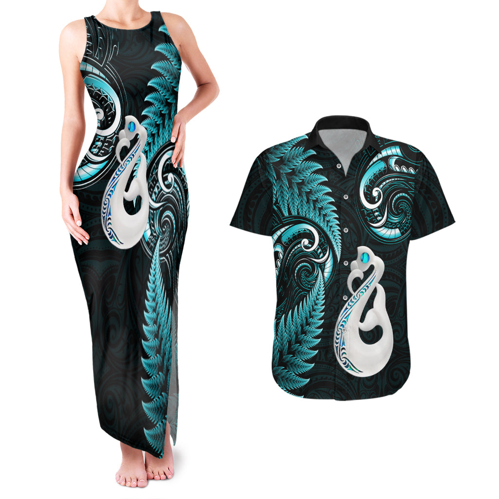 Personalised New Zealand Couples Matching Tank Maxi Dress And Hawaiian Shirt Aotearoa Silver Fern With Manaia Maori Unique Turquoise LT14 Turquoise - Polynesian Pride