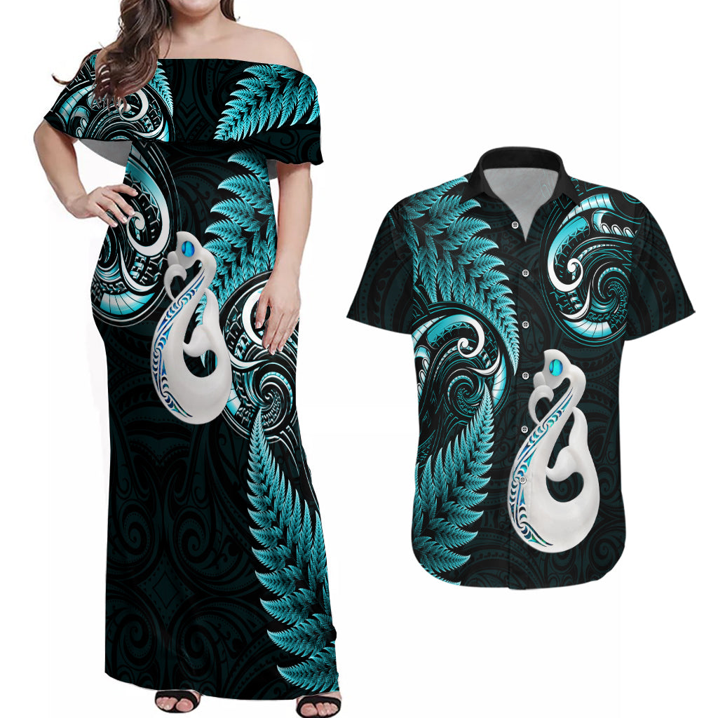 Personalised New Zealand Couples Off Shoulder Maxi Dress and Hawaiian Shirt Aotearoa Silver Fern With Manaia Maori Unique Turquoise LT14 Turquoise - Polynesian Pride