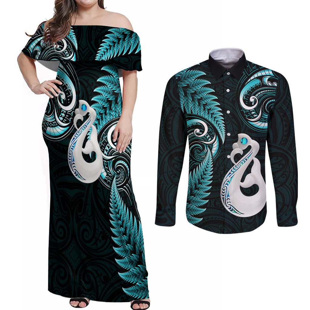 Personalised New Zealand Couples Off Shoulder Maxi Dress and Long Sleeve Button Shirts Aotearoa Silver Fern With Manaia Maori Unique Turquoise LT14 Turquoise - Polynesian Pride