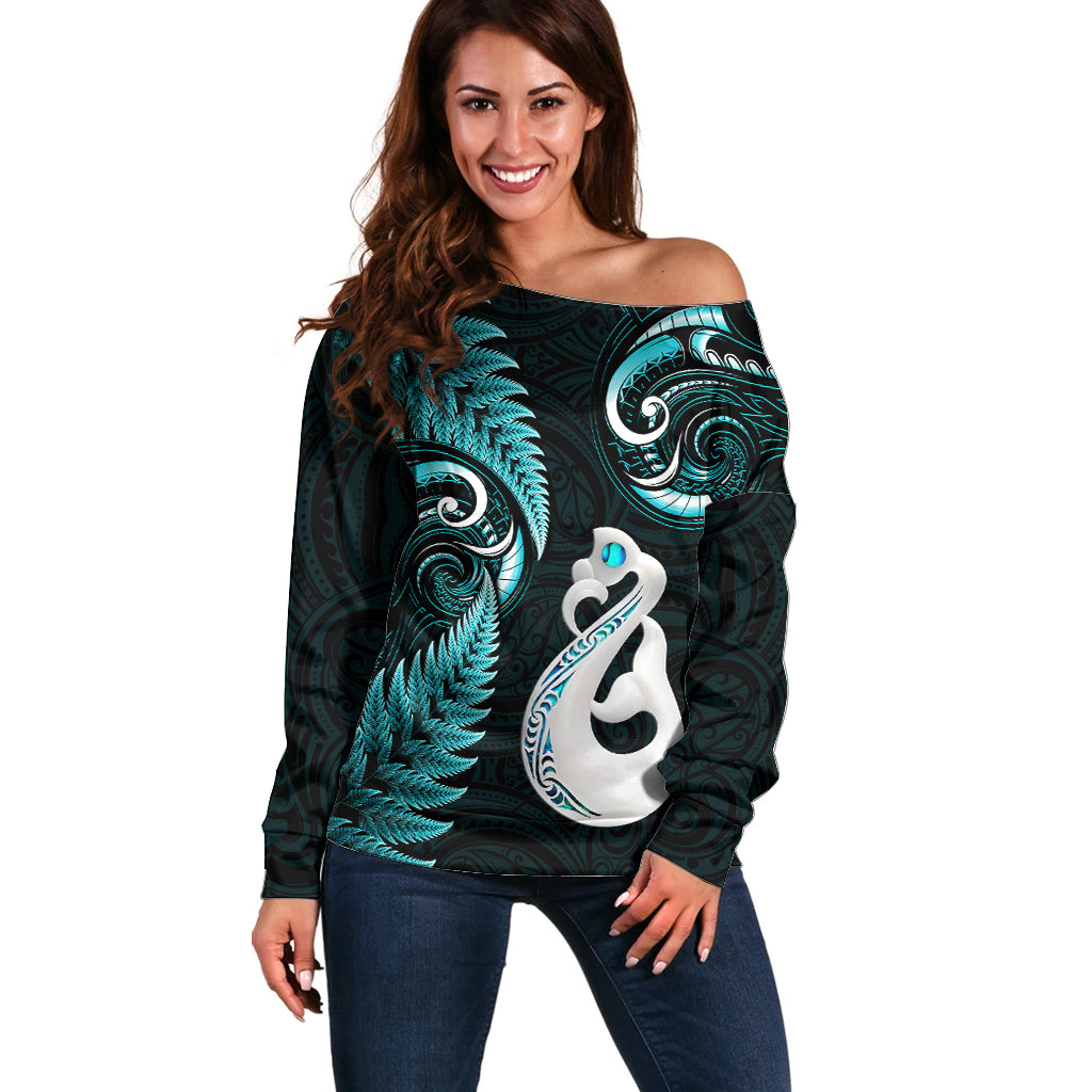 Personalised New Zealand Off Shoulder Sweater Aotearoa Silver Fern With Manaia Maori Unique Turquoise LT14 Women Turquoise - Polynesian Pride