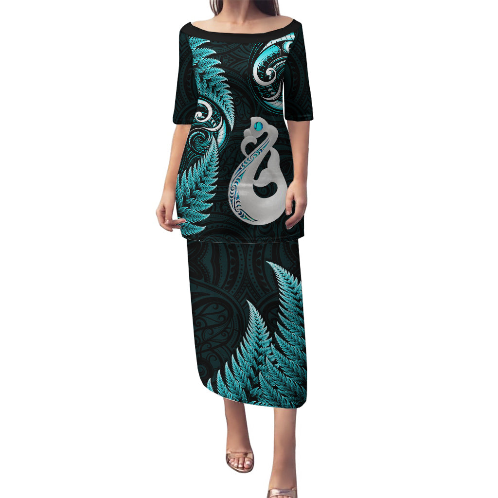 Personalised New Zealand Puletasi Aotearoa Silver Fern With Manaia Maori Unique Turquoise LT14 Long Dress Turquoise - Polynesian Pride