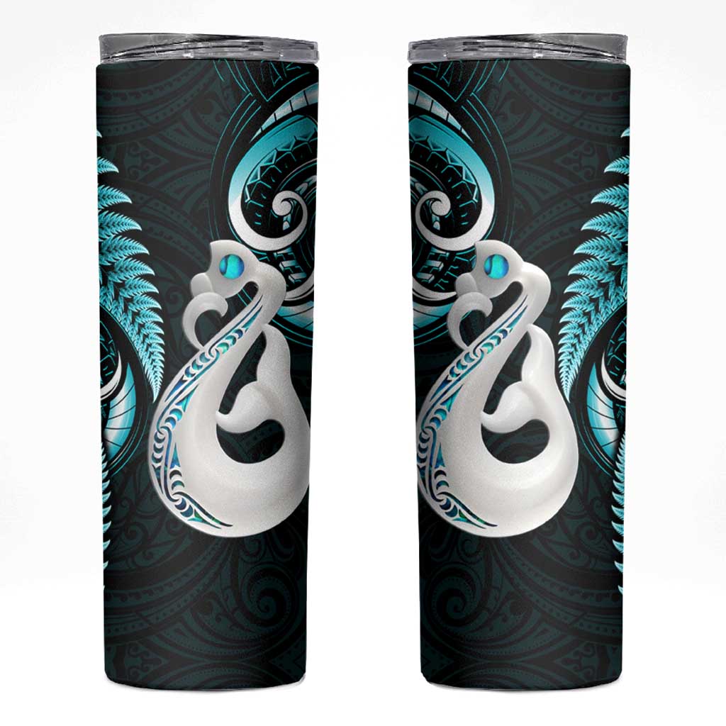 New Zealand Skinny Tumbler Aotearoa Silver Fern With Manaia Maori Unique Turquoise