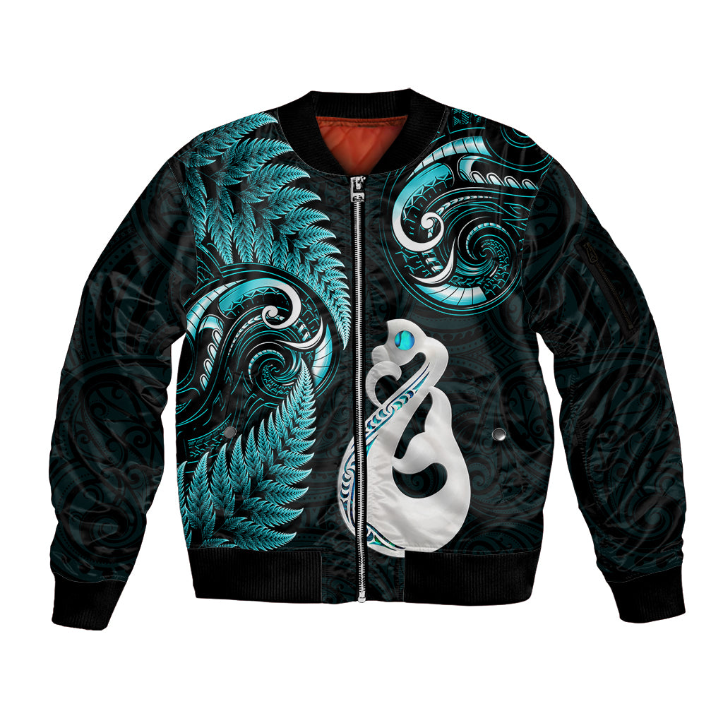 Personalised New Zealand Sleeve Zip Bomber Jacket Aotearoa Silver Fern With Manaia Maori Unique Turquoise LT14 Unisex Turquoise - Polynesian Pride