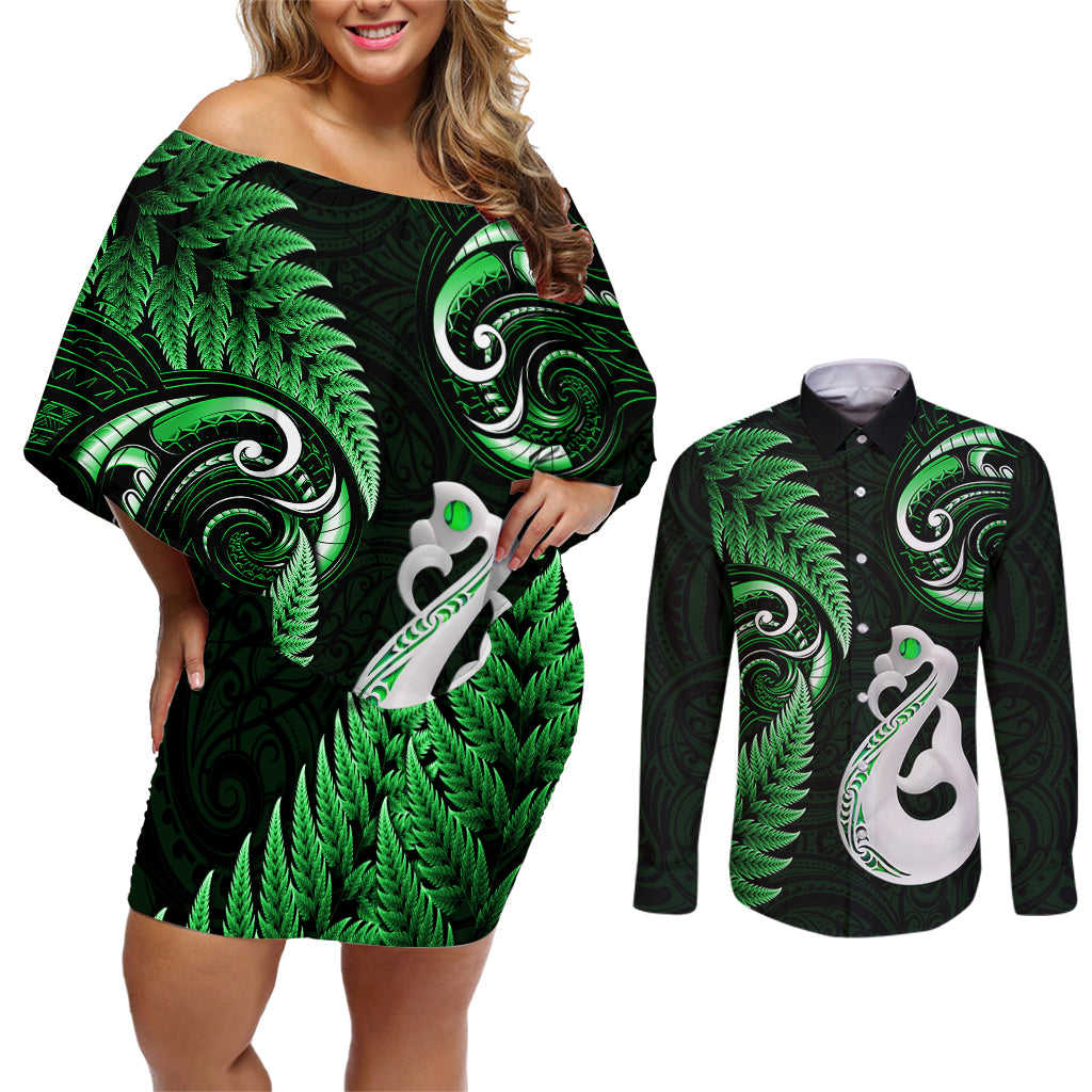 Personalised New Zealand Couples Off Shoulder Short Dress and Long Sleeve Button Shirts Aotearoa Silver Fern With Manaia Maori Unique Green LT14 Green - Polynesian Pride