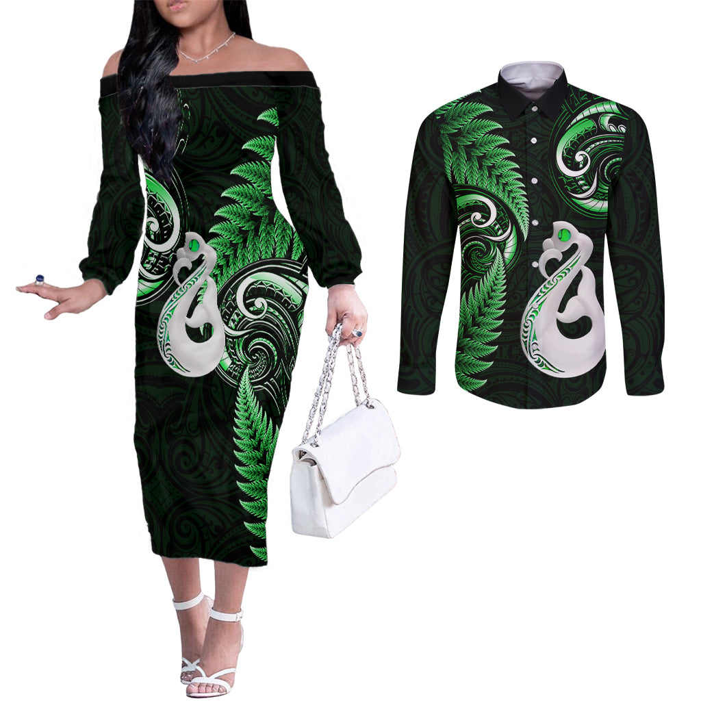 Personalised New Zealand Couples Off The Shoulder Long Sleeve Dress and Long Sleeve Button Shirts Aotearoa Silver Fern With Manaia Maori Unique Green LT14 Green - Polynesian Pride