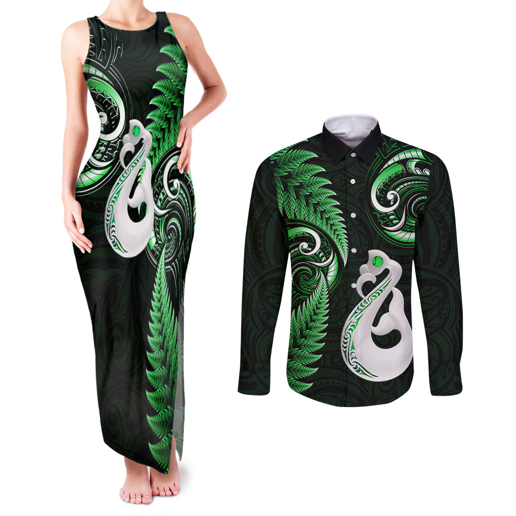 Personalised New Zealand Couples Matching Tank Maxi Dress and Long Sleeve Button Shirts Aotearoa Silver Fern With Manaia Maori Unique Green LT14 Green - Polynesian Pride