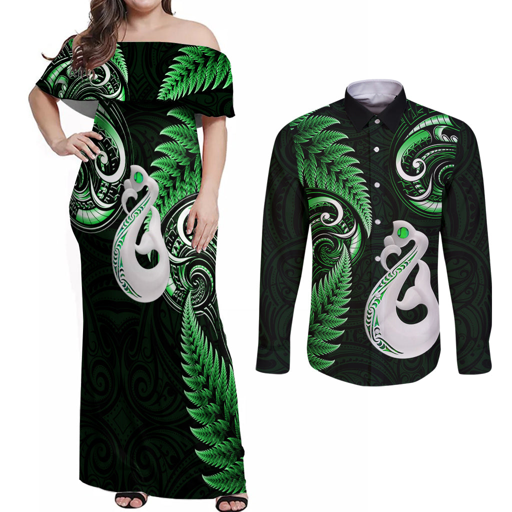 Personalised New Zealand Couples Off Shoulder Maxi Dress and Long Sleeve Button Shirts Aotearoa Silver Fern With Manaia Maori Unique Green LT14 Green - Polynesian Pride