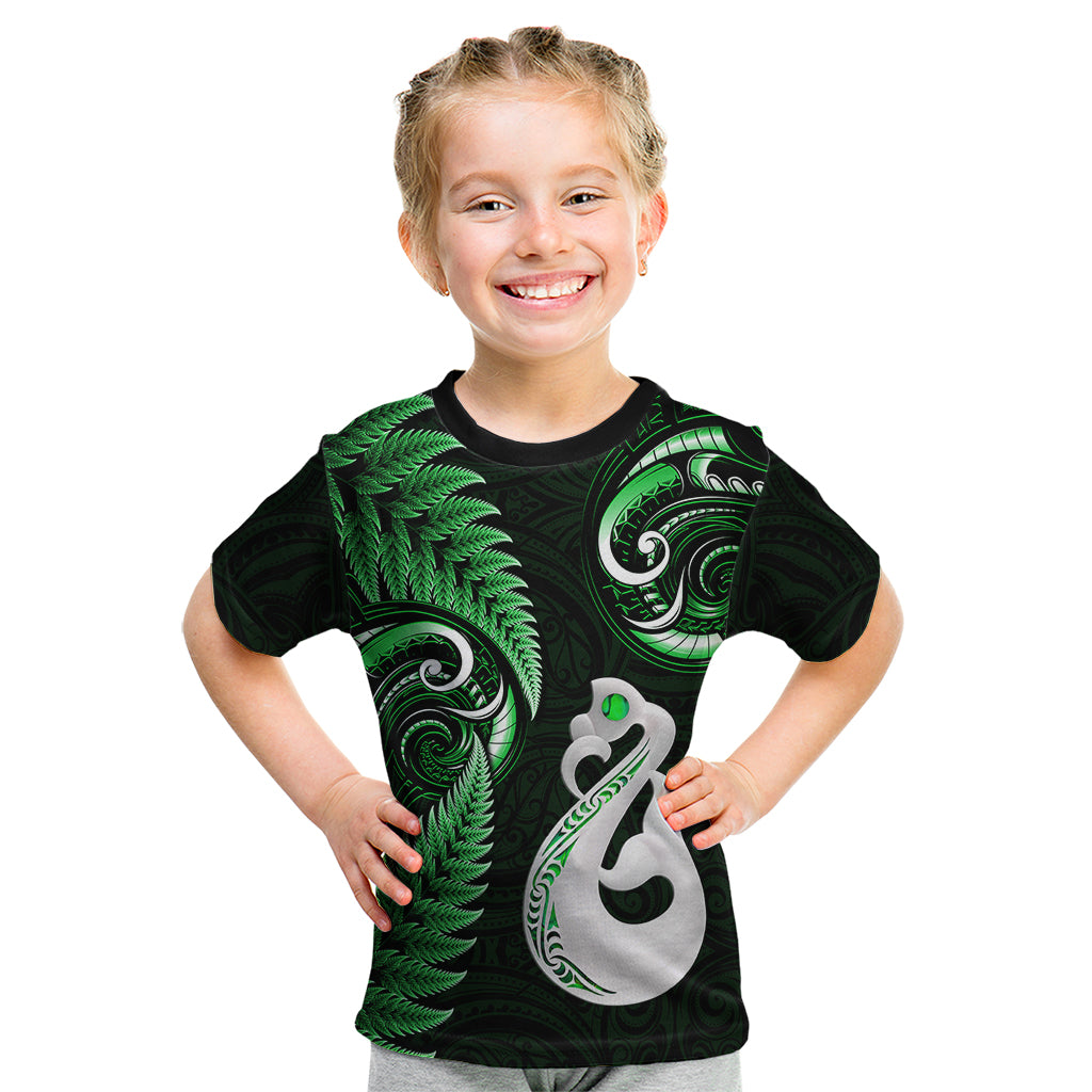 Personalised New Zealand Kid T Shirt Aotearoa Silver Fern With Manaia Maori Unique Green LT14 Green - Polynesian Pride