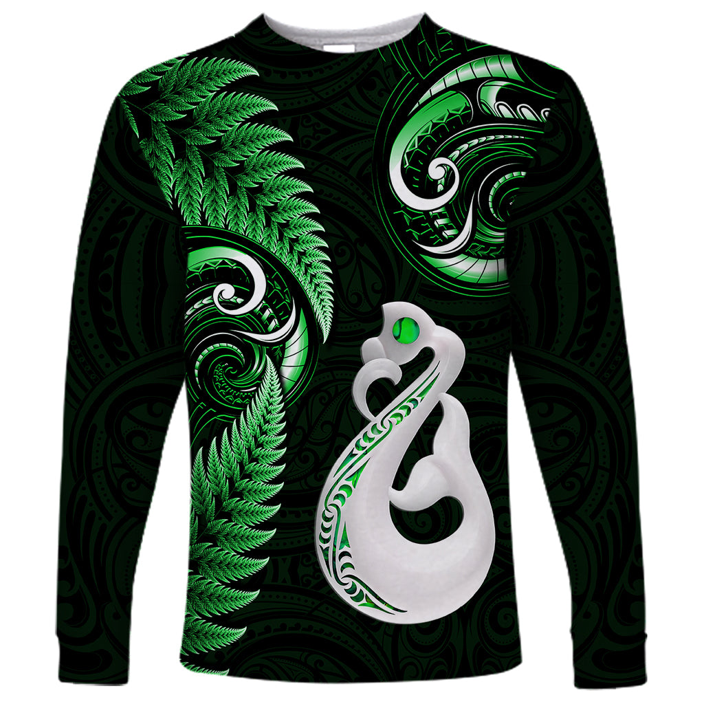 Personalised New Zealand Long Sleeve Shirt Aotearoa Silver Fern With Manaia Maori Unique Green LT14 Unisex Green - Polynesian Pride