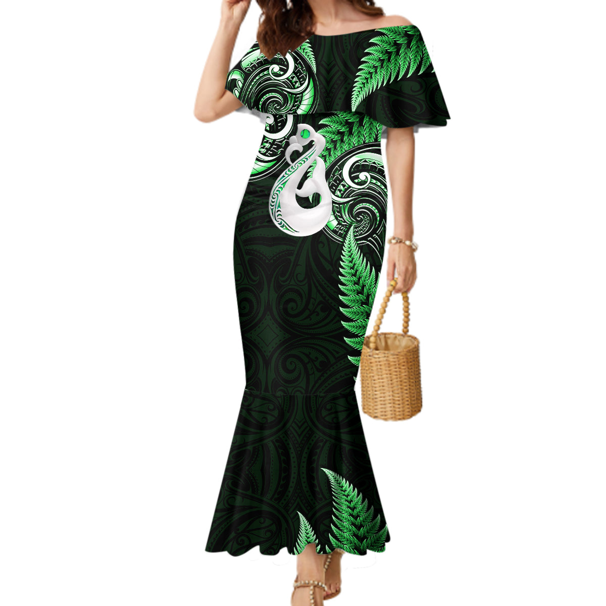 Personalised New Zealand Mermaid Dress Aotearoa Silver Fern With Manaia Maori Unique Green LT14 Women Green - Polynesian Pride