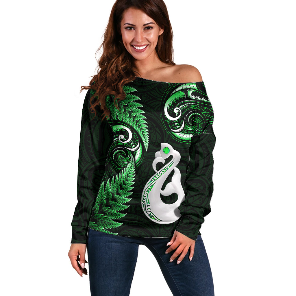 Personalised New Zealand Off Shoulder Sweater Aotearoa Silver Fern With Manaia Maori Unique Green LT14 Women Green - Polynesian Pride