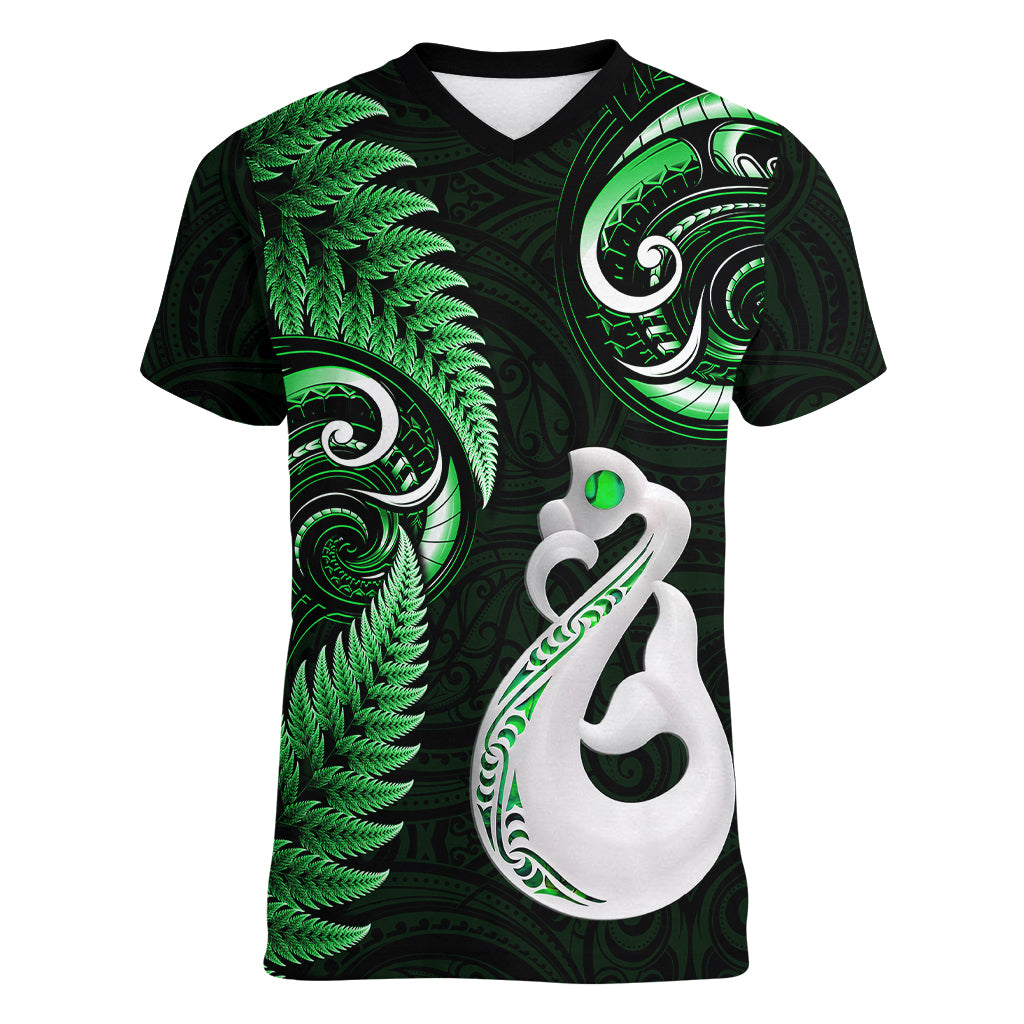 Personalised New Zealand Women V Neck T Shirt Aotearoa Silver Fern With Manaia Maori Unique Green LT14 Female Green - Polynesian Pride