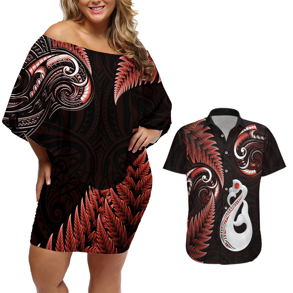 Personalised New Zealand Couples Off Shoulder Short Dress and Hawaiian Shirt Aotearoa Silver Fern With Manaia Maori Unique Red LT14 Red - Polynesian Pride