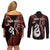 Personalised New Zealand Couples Off Shoulder Short Dress and Long Sleeve Button Shirts Aotearoa Silver Fern With Manaia Maori Unique Red LT14 - Polynesian Pride