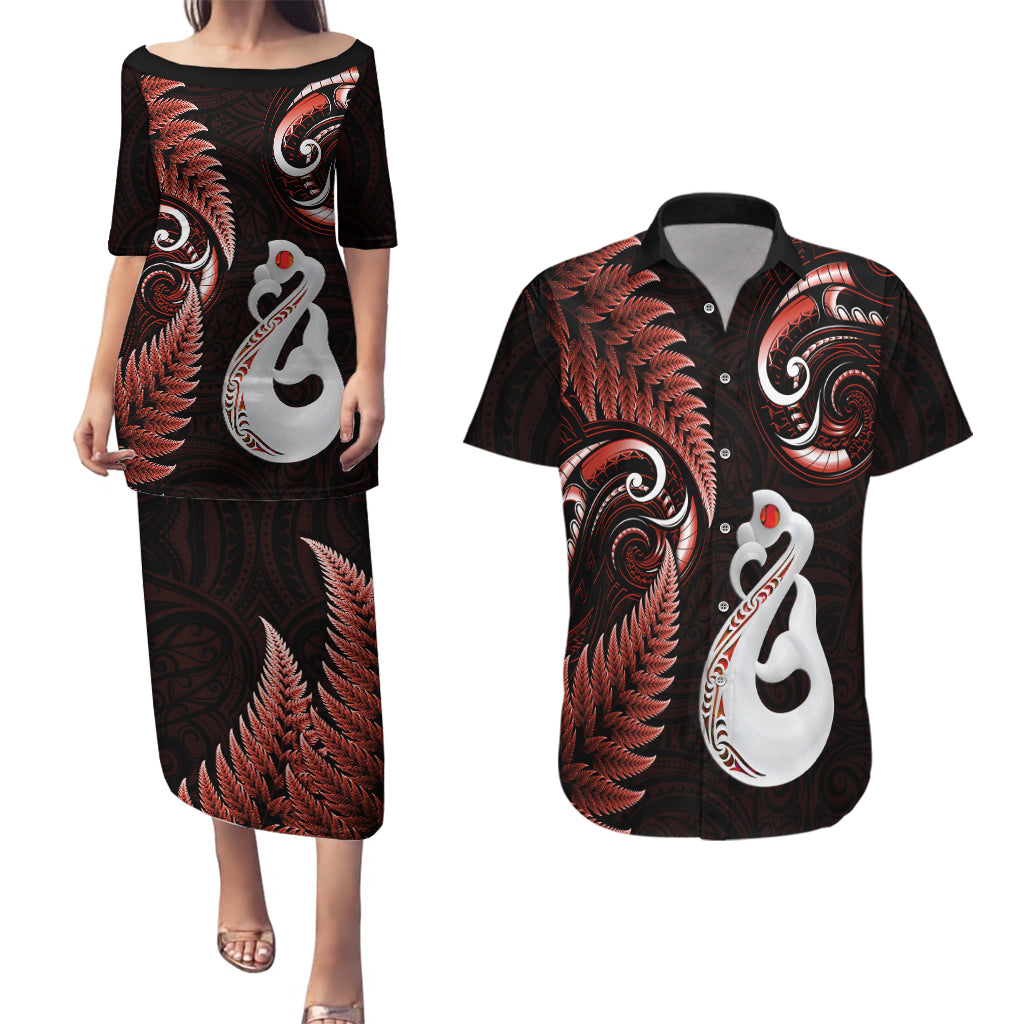 Personalised New Zealand Couples Puletasi Dress and Hawaiian Shirt Aotearoa Silver Fern With Manaia Maori Unique Red LT14 Red - Polynesian Pride