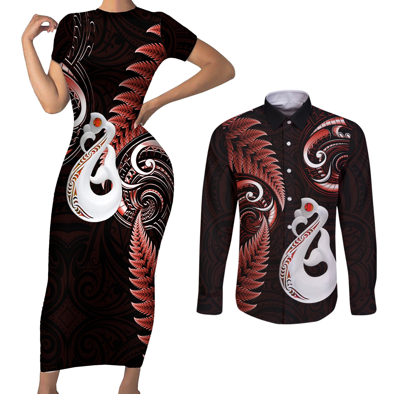 Personalised New Zealand Couples Short Sleeve Bodycon Dress and Long Sleeve Button Shirts Aotearoa Silver Fern With Manaia Maori Unique Red LT14 Red - Polynesian Pride