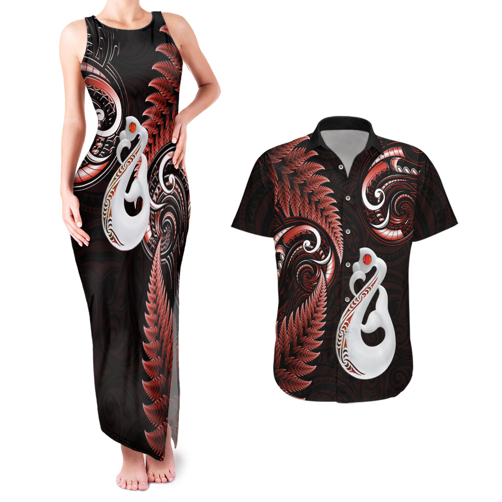 Personalised New Zealand Couples Matching Tank Maxi Dress And Hawaiian Shirt Aotearoa Silver Fern With Manaia Maori Unique Red LT14 Red - Polynesian Pride