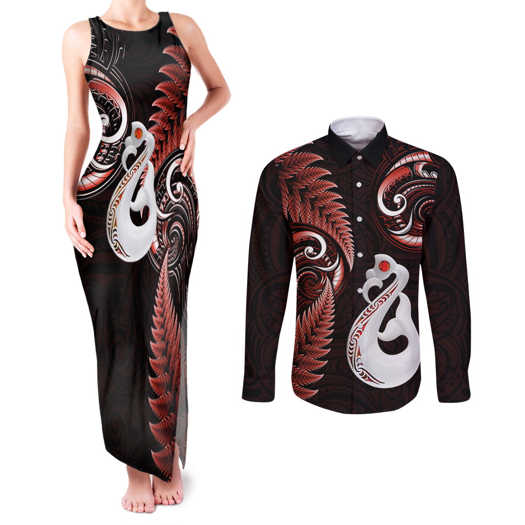 Personalised New Zealand Couples Matching Tank Maxi Dress and Long Sleeve Button Shirts Aotearoa Silver Fern With Manaia Maori Unique Red LT14 Red - Polynesian Pride