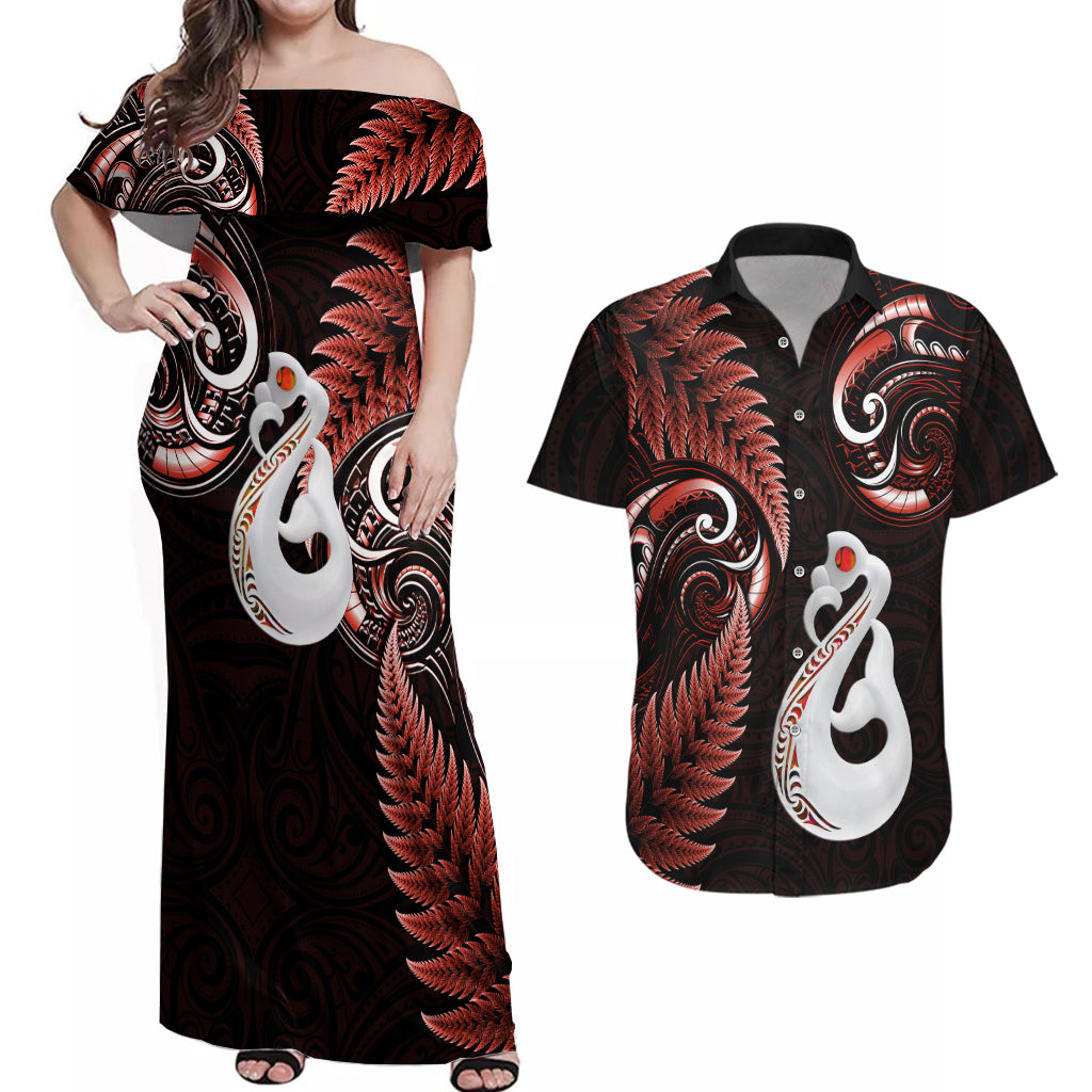 Personalised New Zealand Couples Off Shoulder Maxi Dress and Hawaiian Shirt Aotearoa Silver Fern With Manaia Maori Unique Red LT14 Red - Polynesian Pride