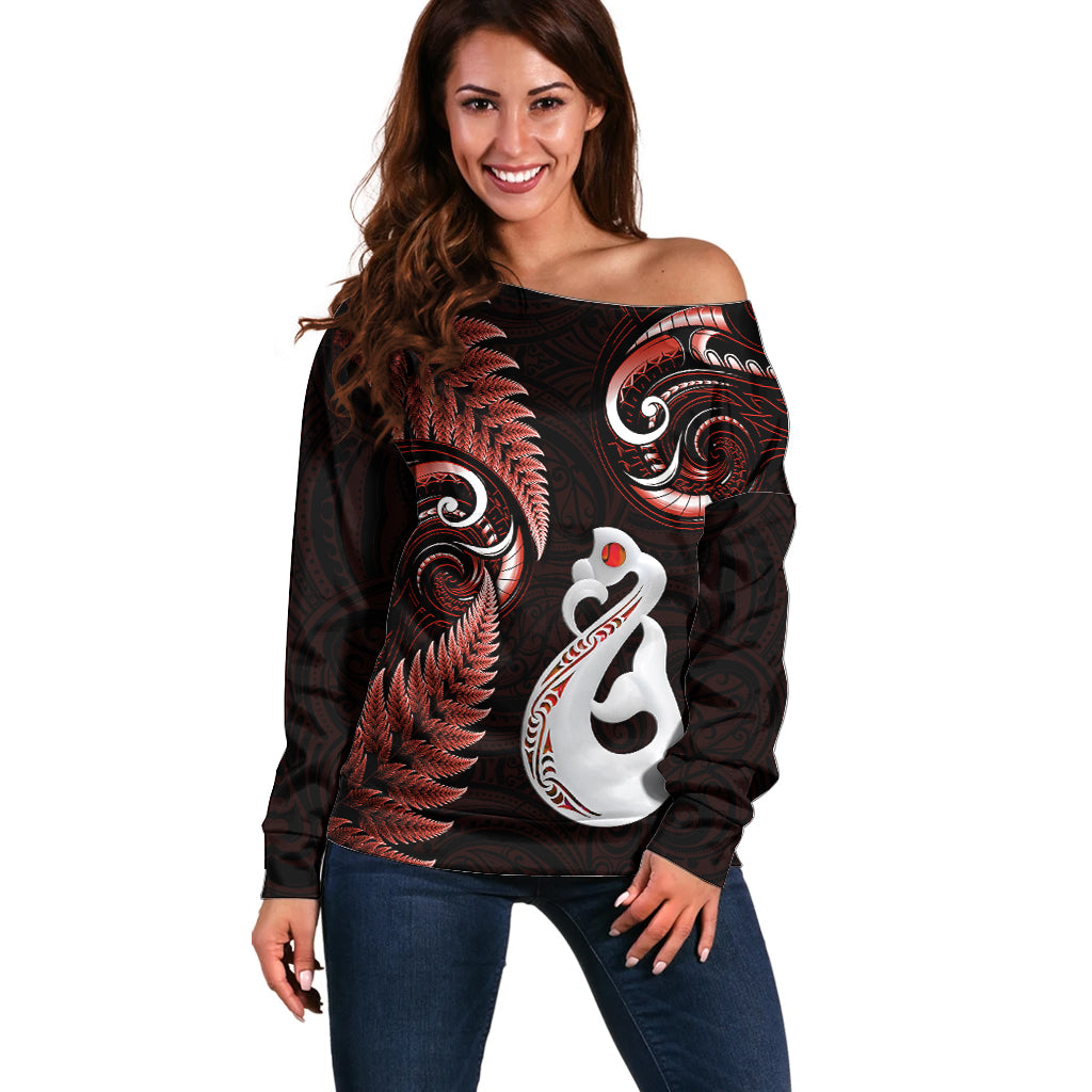 Personalised New Zealand Off Shoulder Sweater Aotearoa Silver Fern With Manaia Maori Unique Red LT14 Women Red - Polynesian Pride