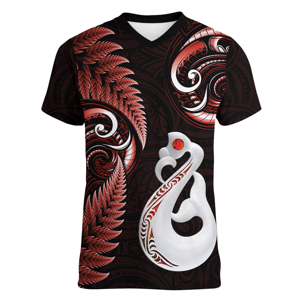 Personalised New Zealand Women V Neck T Shirt Aotearoa Silver Fern With Manaia Maori Unique Red LT14 Female Red - Polynesian Pride