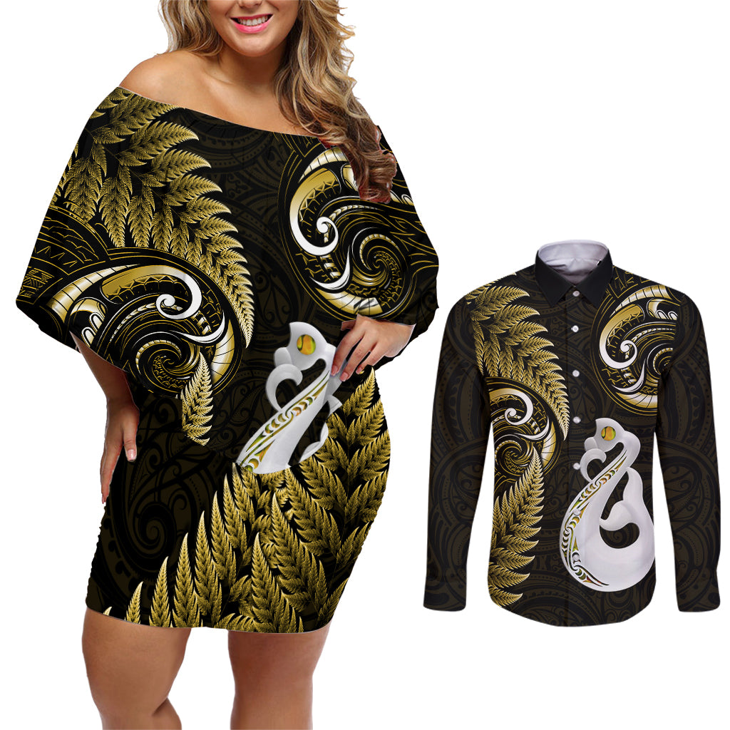 Personalised New Zealand Couples Off Shoulder Short Dress and Long Sleeve Button Shirts Aotearoa Silver Fern With Manaia Maori Unique Gold LT14 Gold - Polynesian Pride