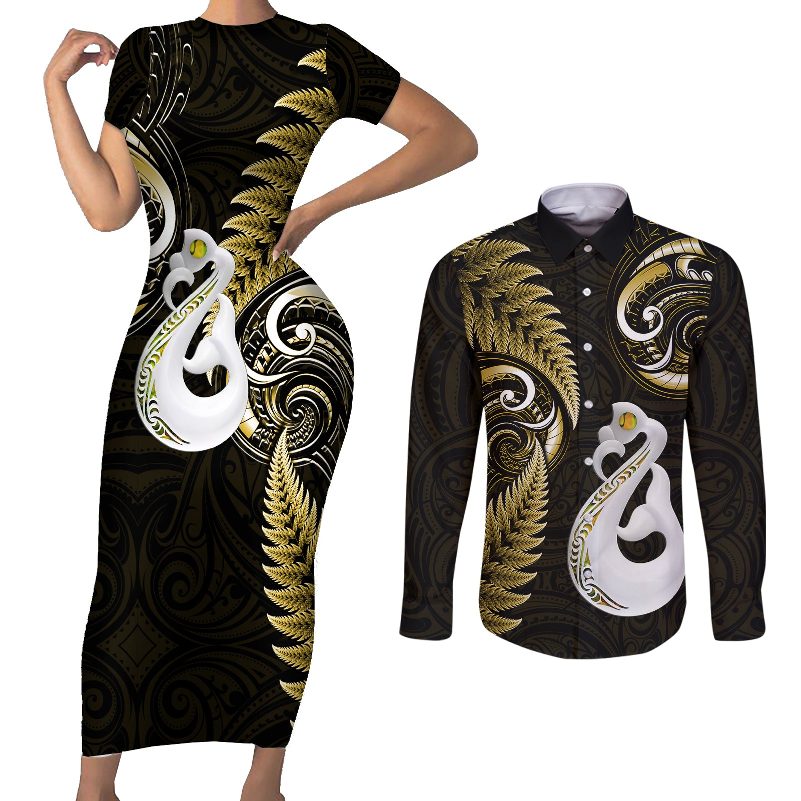 Personalised New Zealand Couples Short Sleeve Bodycon Dress and Long Sleeve Button Shirts Aotearoa Silver Fern With Manaia Maori Unique Gold LT14 Gold - Polynesian Pride